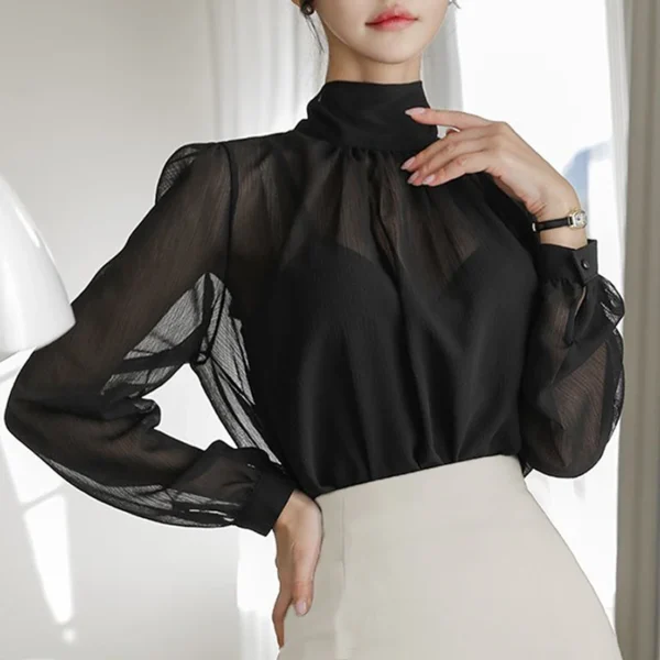 New Fashion Long Sleeve Turtleneck Women Blouse Casual Black Chiffon Blouse Shirt Women Tops Blusas Mujer De Moda 2024 Blusa I75 - Image 2