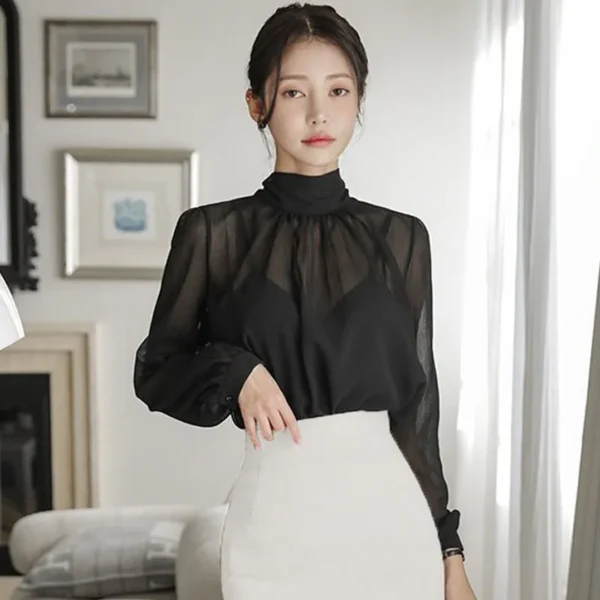 New Fashion Long Sleeve Turtleneck Women Blouse Casual Black Chiffon Blouse Shirt Women Tops Blusas Mujer De Moda 2024 Blusa I75 - Image 3